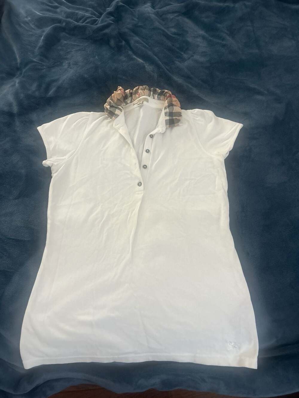 Burberry Brit White Honeycomb Knit Nova Check Ruffle Collar Polo Shirt